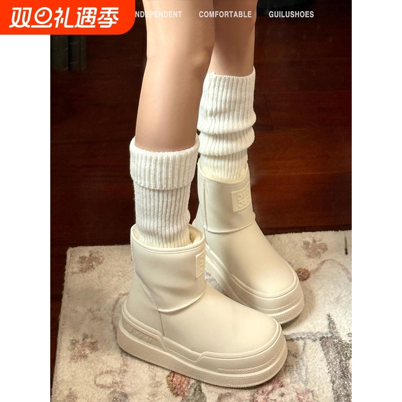 真皮版~厚底保暖圆头雪地靴女2025冬季新款加绒毛毛棉鞋毛绒白色