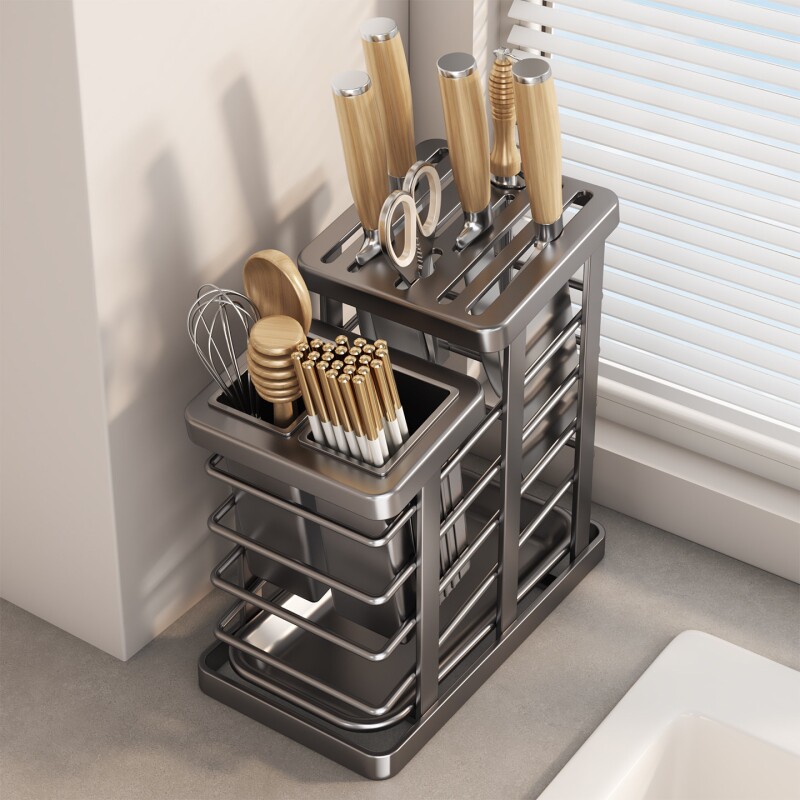 多功能刀架厨房分类大容量厨具置物篮家用筷笼一体刀具沥水收纳盒