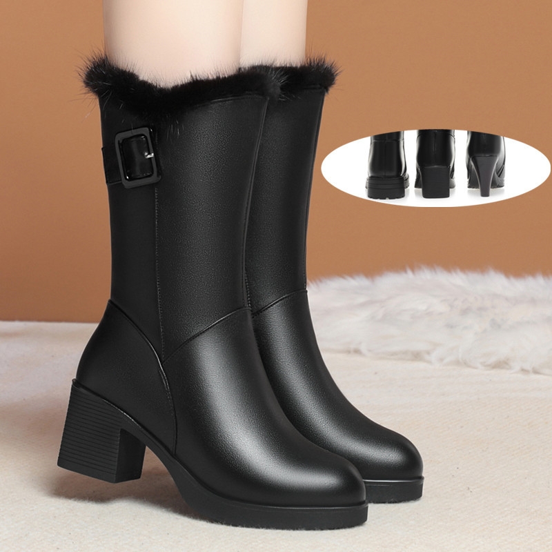 他她女孩雪地靴子女冬2023新款加绒妈妈鞋软皮毛一体大码高跟圆头