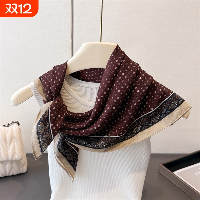 2025老钱风棕色小方巾丝巾领巾衬衫披肩发带系腰带围巾咖色黑色