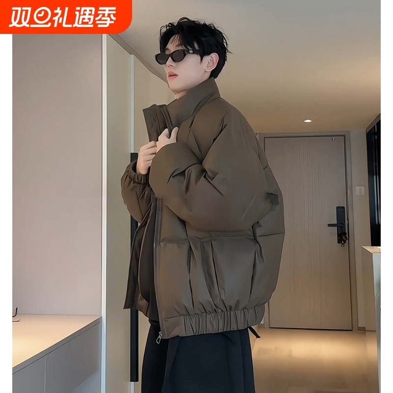 户外美式方格pu皮羽绒服男生冬季加厚立领面包服cleanfit短款棉衣