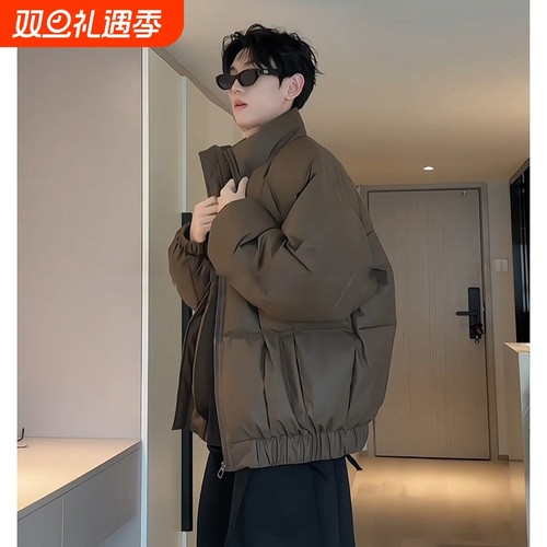 户外美式方格pu皮羽绒服男生冬季加厚立领面包服cleanfit短款棉衣