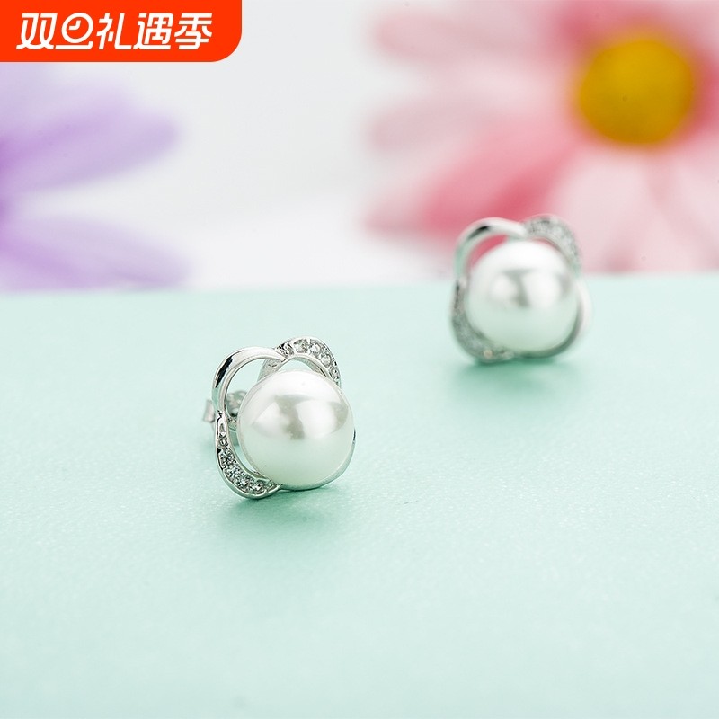 冠铭银饰 韩版珍珠贝珠耳钉 复古时尚花朵耳钉 925银耳环饰品批