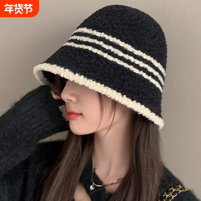条纹帽子女秋冬保暖仿羊羔毛渔夫帽户外冬季显脸小盆帽潮水桶帽,服饰配件/皮带/帽子/围巾,帽子,淘宝优惠券,粉丝福利购,淘宝优惠卷