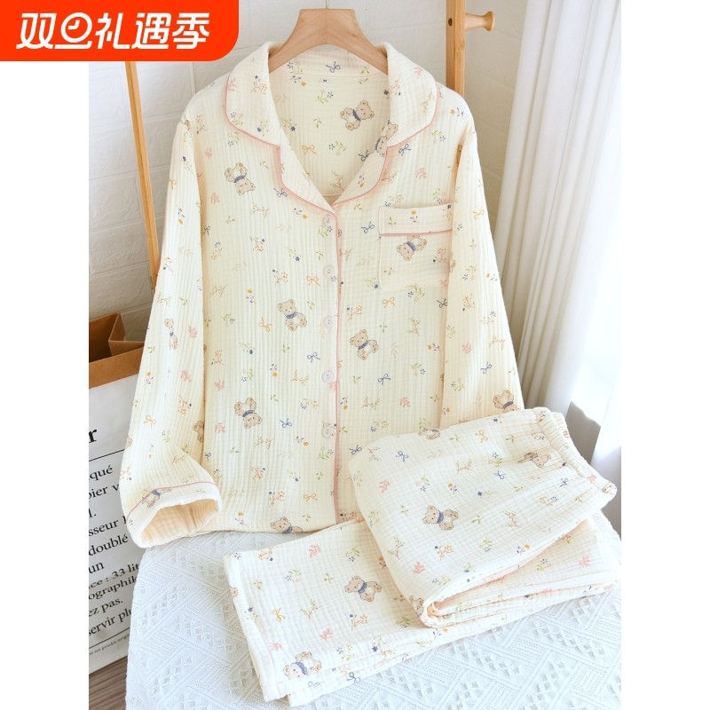 红豆四层纱布睡衣女秋冬纯棉加厚长袖套装2025新款1全棉卡通家
