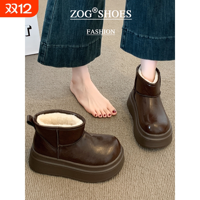 厚底雪地靴女款2025新款冬季加绒加厚皮面防水防滑面包鞋棕色棉鞋