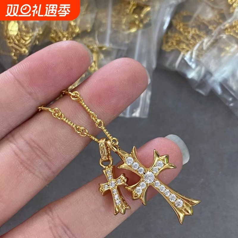 克罗伈十字架双吊项链颈链欧美情侣彩钻男女吊坠饰品复古铜