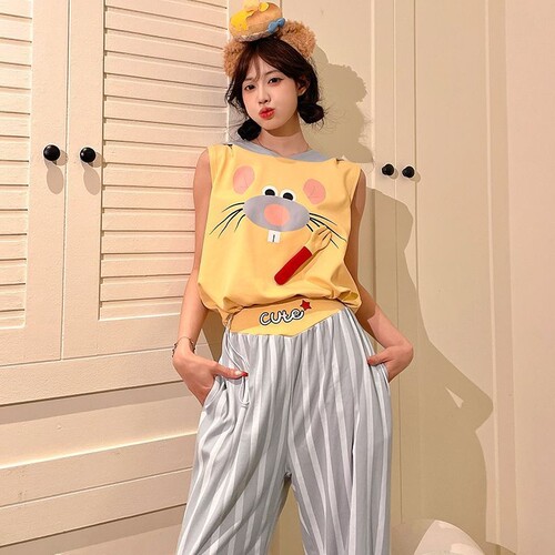 夏季纯棉连帽背心长裤家居服套装