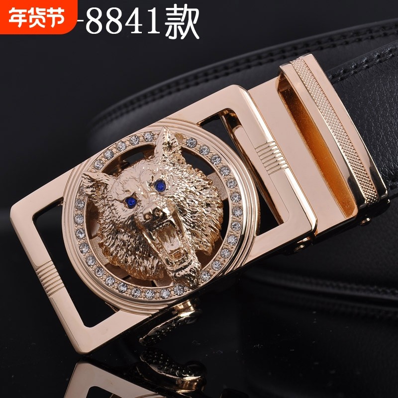男士白色狼头真皮腰带自动扣商务皮带镶钻扣头跨境霸气
