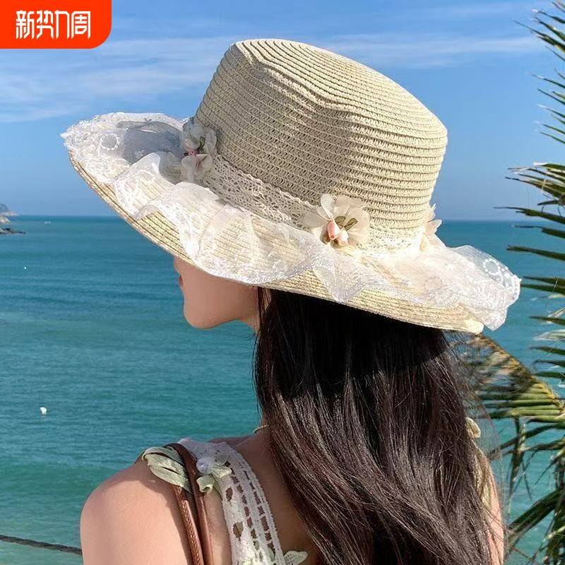 原创ins风蕾丝甜美蝴蝶结多巴胺海边沙滩JK草帽洛丽塔Lolit