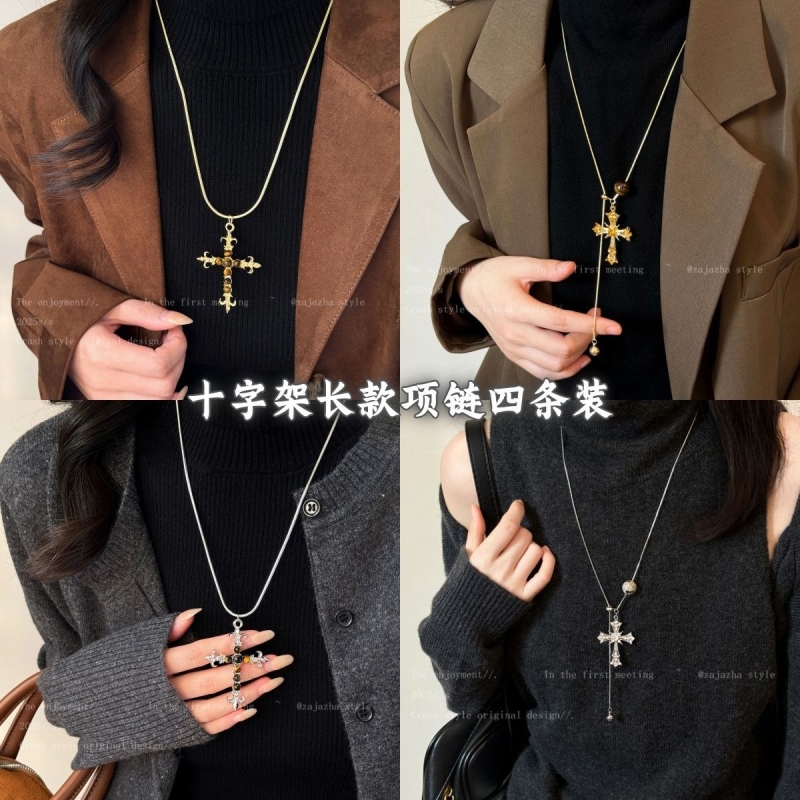 甜酷狙击~虎眼石十字架项链女复古长款高级感辣妹毛衣链秋冬配饰