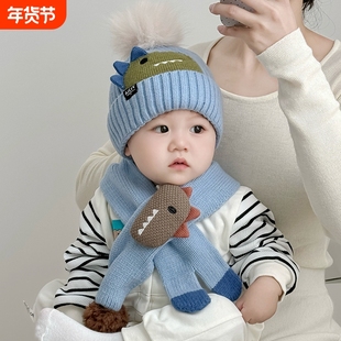 宝宝帽子围巾套装秋冬新款婴儿护耳帽男宝女宝儿童套头帽毛线红色