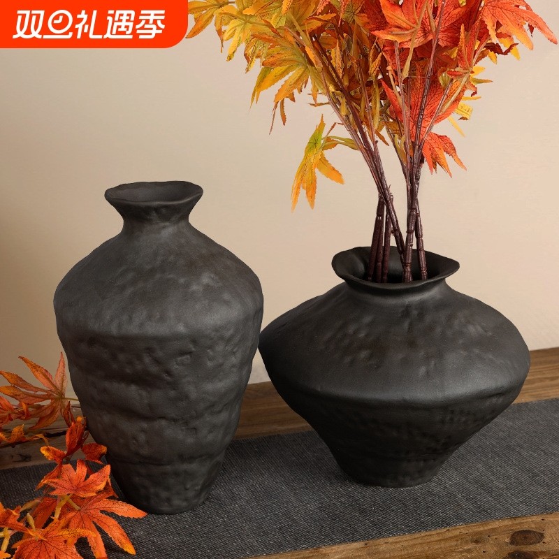 复古黑色陶瓷花瓶客厅插花玄关民宿禅意茶室水培侘寂风陶罐摆件