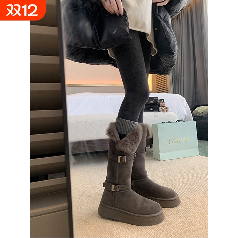 葡萄妈studiolee厚底毛毛加绒加厚保暖中长筒雪地靴女灰色冬季