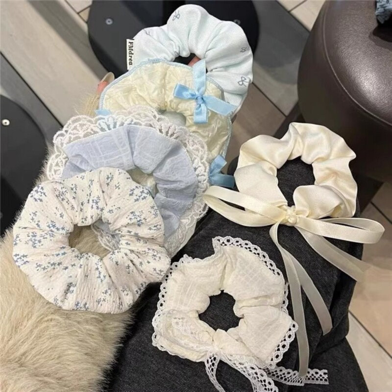 甜韩系波点大肠发圈头绳蕾带蝴蝶结花边发绳少女发饰褶皱蓝色系