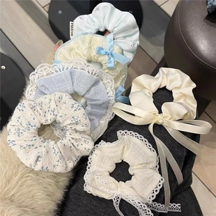 甜韩系波点大肠发圈蕾带蝴蝶结花边头绳发绳少女发饰褶皱蓝色系