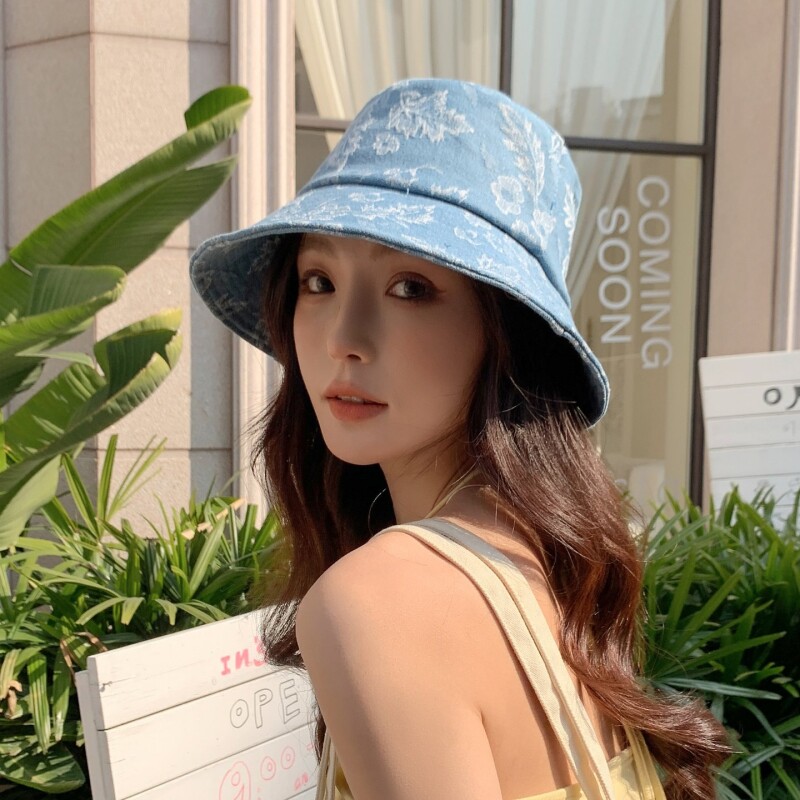 春夏季女时尚织花朵牛仔布渔夫帽遮阳防晒旅游街头盆帽子户外宽檐