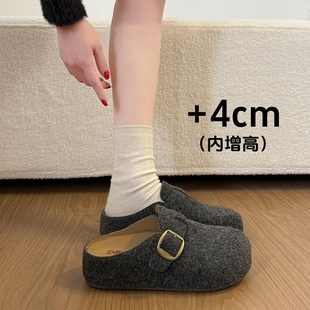 灰色毛毡勃肯鞋包头半拖鞋女外穿2026新款春季内增高厚底博肯凉拖
