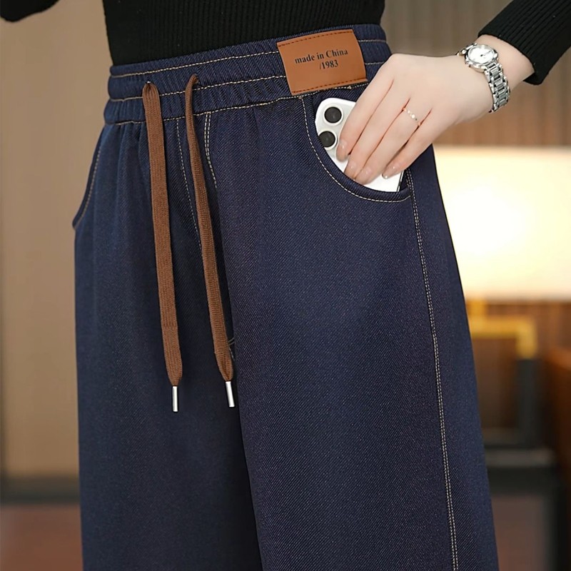 秋冬中老年牛仔风女裤休闲裤女松紧腰加绒加厚宽松显瘦阔腿裤女装