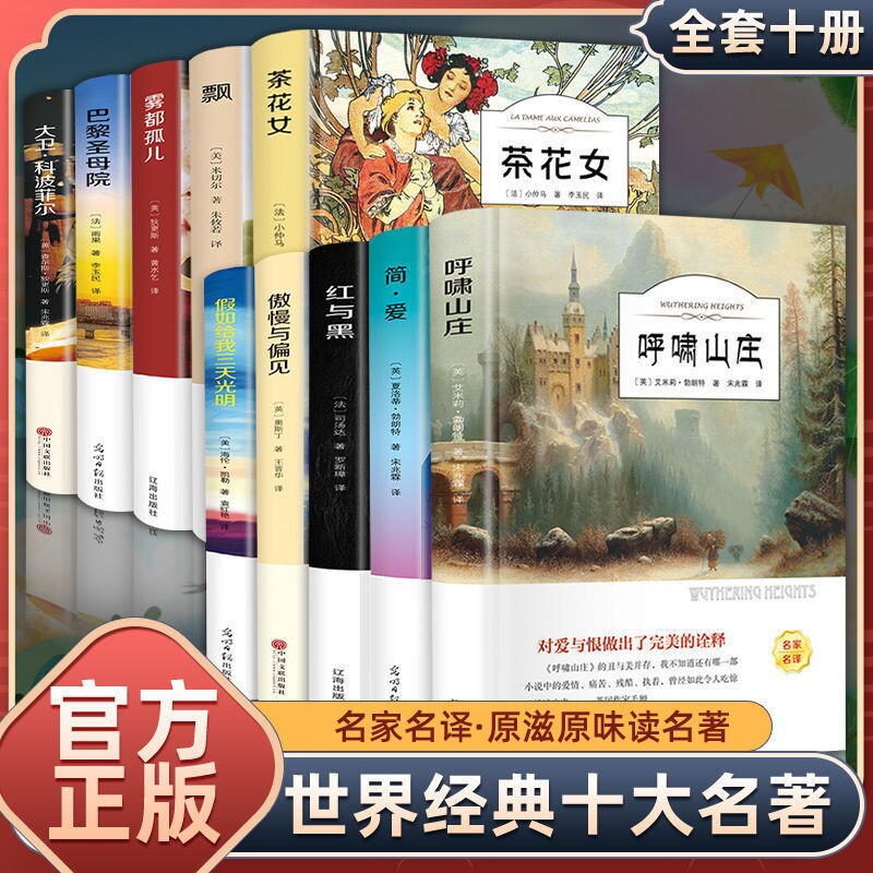 十大文学名著正版精装10册巴黎圣母院飘简爱红与黑呼啸山庄假如给我三天光明傲慢与偏见基督山伯爵青少年学生小说书籍经典阅读课外