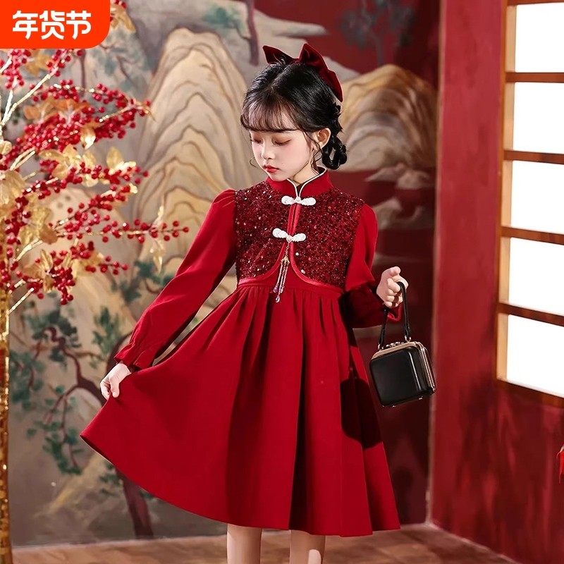 女童冬装裙子过年服2026新款儿童洋气红色连衣裙女孩新年战袍喜庆