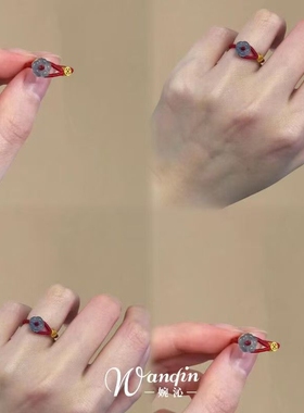 「钱多多」新中式红绳金币小花戒指国风本命年精致显白手工食指戒