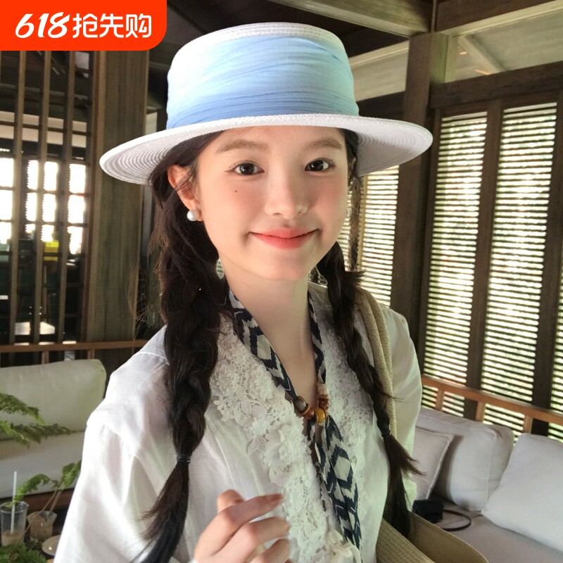 法式平顶防晒草帽女海边出游度假遮阳礼帽优雅赫本风夏季草编帽子