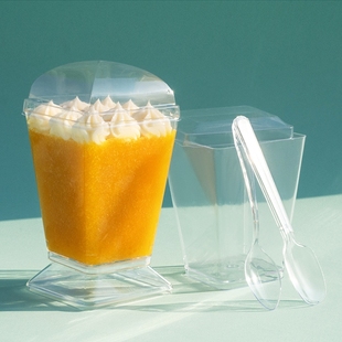 套装 蛋糕杯塑料一次性杯子透明160ml 5oz方形慕斯杯带盖带勺盒装