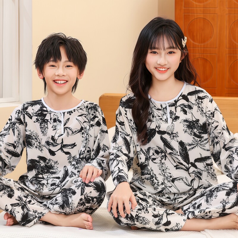 夏季棉绸睡衣儿童男童女童家居服男孩中大童薄款绵绸长袖空调套装