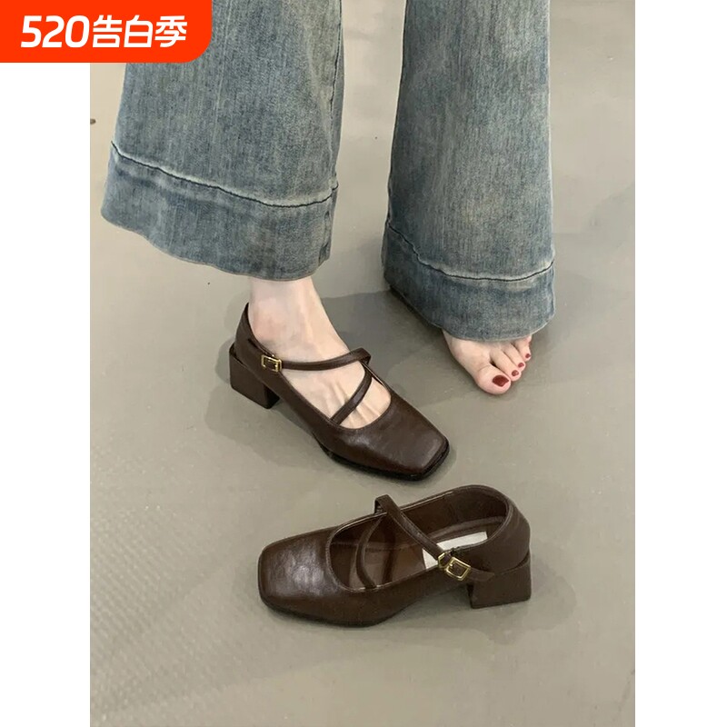 法式高跟鞋浅口粗跟单鞋女2025新款夏秋季配裙子乐福玛丽珍小皮鞋