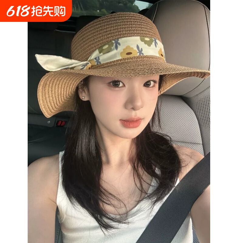 夏天沙滩草帽女夏季海边度假大帽檐防紫外线蝴蝶结绑带遮阳帽子