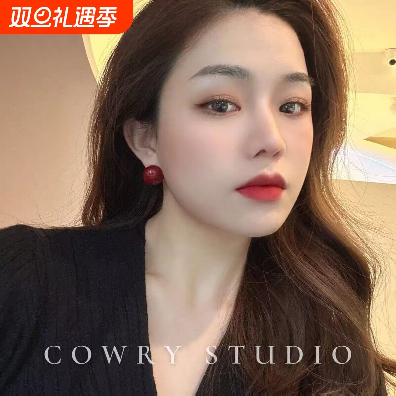 安可拉红几何图形耳钉女复古设计感耳环新款高级感桃心耳饰925银