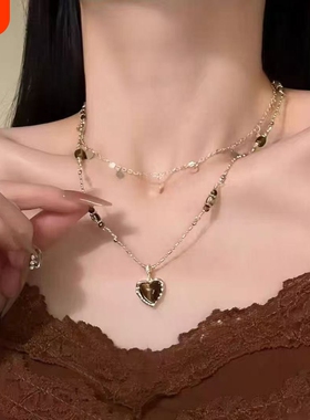 【摩卡可可】复古精致美拉德虎眼色吊坠项链双层叠戴锁骨链颈链