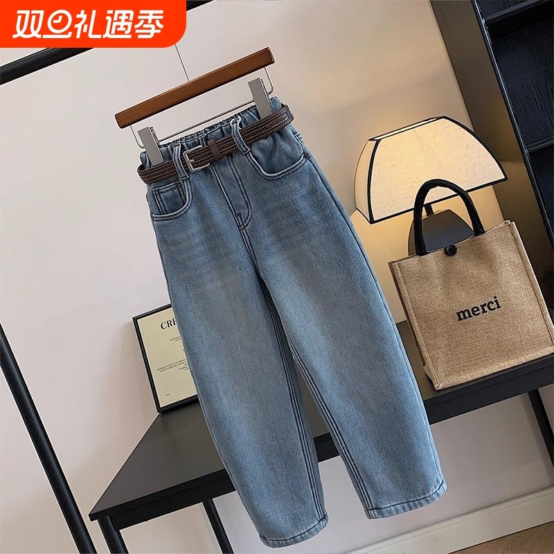 儿童春秋冬季加厚韩版宽松哈伦裤女童时髦加厚牛仔长裤女孩萝卜裤