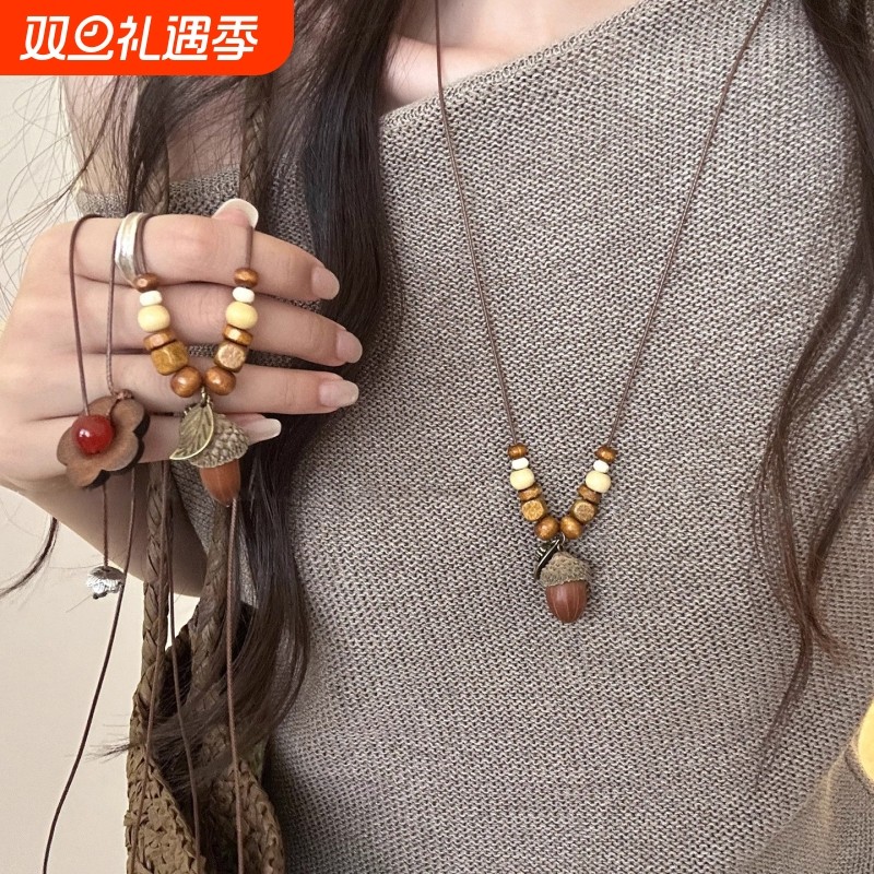 复古民族风橡果吊坠项链女2025新款爆款新中式古风长款毛衣链配饰