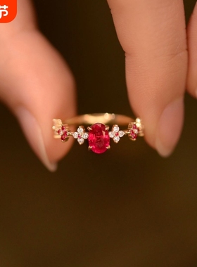 复古轻奢红色锆石镶钻戒指女小众设计四叶草指环时尚百搭个性手饰