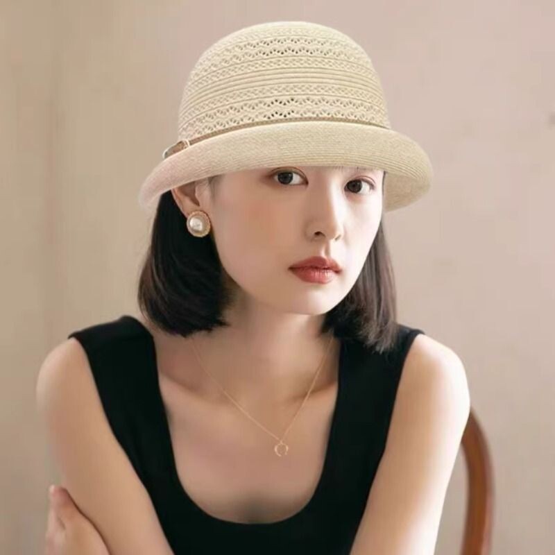 镂空妈妈礼帽女夏季中老年遮阳帽防晒帽卷边盆帽太阳帽可折叠黑色