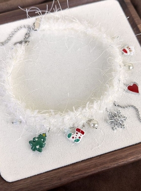 圣诞节可爱雪花珍珠靴子毛绒choker项圈颈链秋冬毛衣链项链女配饰