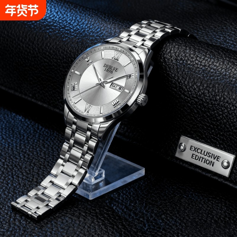 正品瑞士2024新款手表男士全自动机械风防水精钢带双日历男表夜光