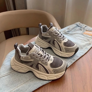 棉鞋 2025秋冬新款 灰色运动鞋 女显脚小老爹鞋 子 厚底百搭休闲鞋