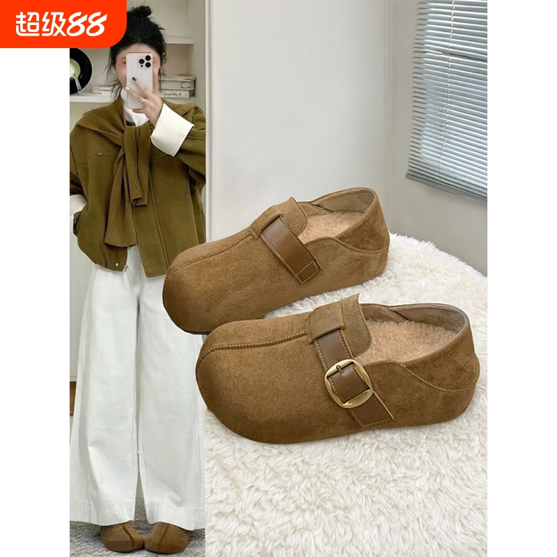 复古两穿勃肯鞋女冬季加绒大头丑萌保暖棉鞋2025新款内增高乐福鞋