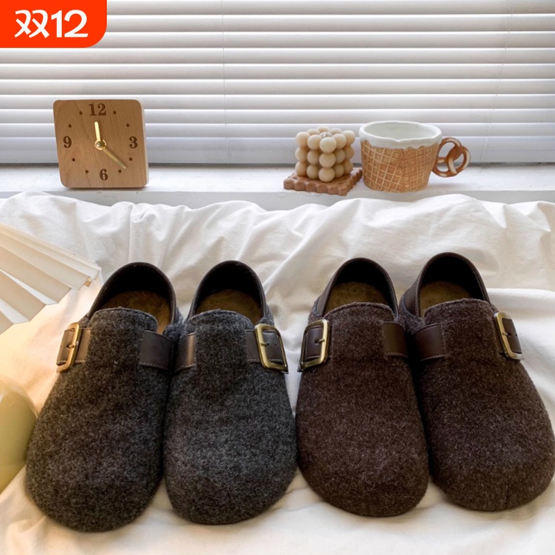 软底灰色勃肯鞋女2025秋冬新款厚底棉鞋两穿加绒包头半拖鞋内增高