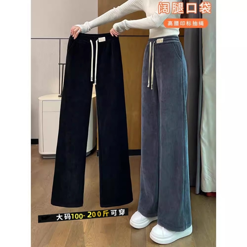 雪尼尔灯芯绒阔腿裤女春秋加绒裤子2025冬加厚窄版女大码黑色垂感