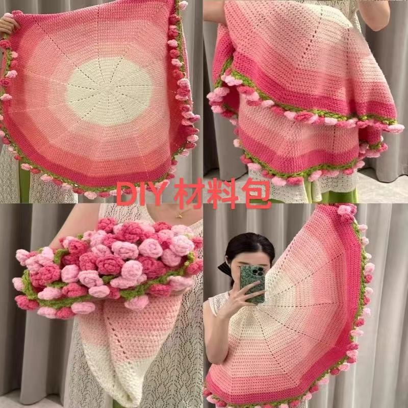 新款手工编织尖角玫瑰花毯子花束勾针diy材料包毛线钩织花朵毛毯