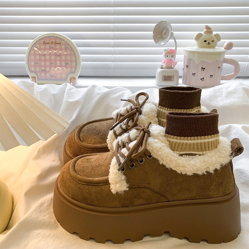 厚底增高加绒加厚雪地靴女款2025秋冬保暖毛毛棉鞋勃肯鞋棕色高跟