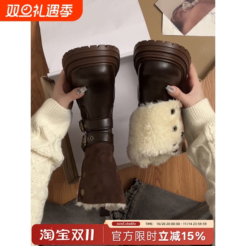 棕色复古英伦厚底加绒马丁靴女款2025新款冬季保暖加厚雪地短靴子
