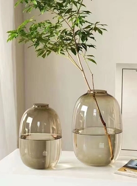 玻璃大肚花瓶轻奢高级感摆件客厅插花透明吊钟南天竹玄关极简鲜花