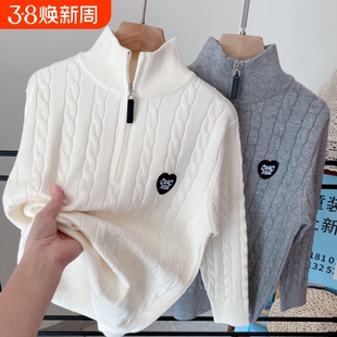 中大童半高领儿童毛衣针织衫男童打底衫白色套头春秋拉链童装新款