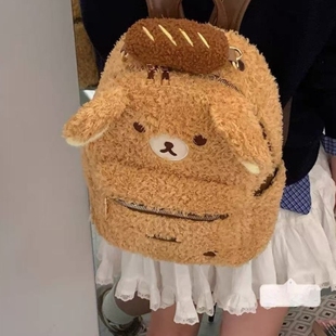 自制高颜值日系可爱毛绒棕色刺绣小熊百搭学生软妹双肩包超萌书包
