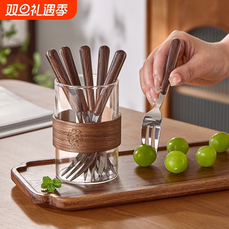 胡桃木柄果叉高级感蛋糕叉创意木把甜品勺子儿童安全金属叉勺套装